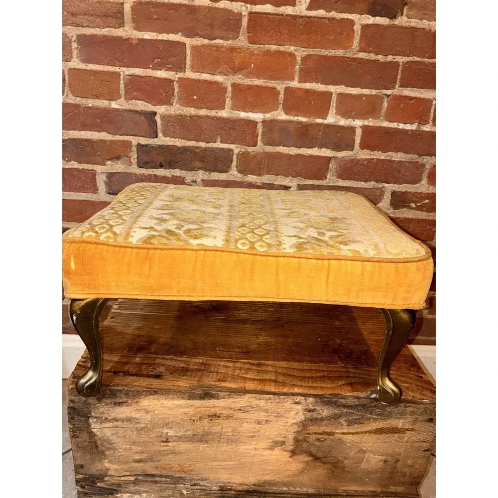 MCM Small Gold Cut‎ Velvet Brass Leg Footstool Ottoman
